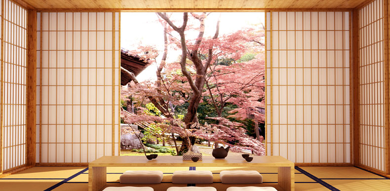 استفاده از عناصر چوبی مانند بامبو در فضای ورودی سبک کانتری ژاپنی، ظاهر ساده‌ای را به وجود آورده است.
